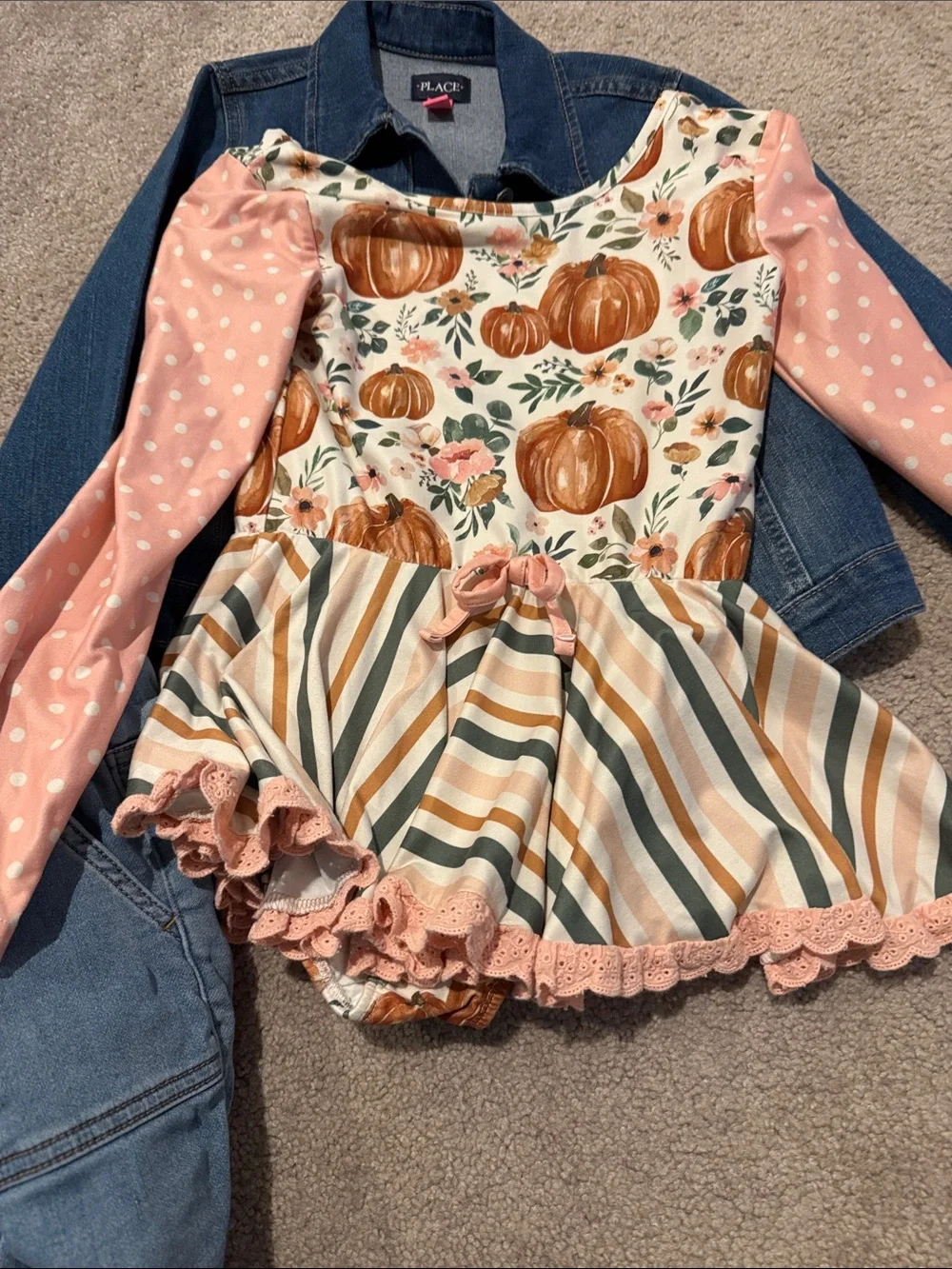 Fall Outfit Blue Denim Jacket with Pumpkin-Print Bodysuit & Jeans - Picture 5 of 8